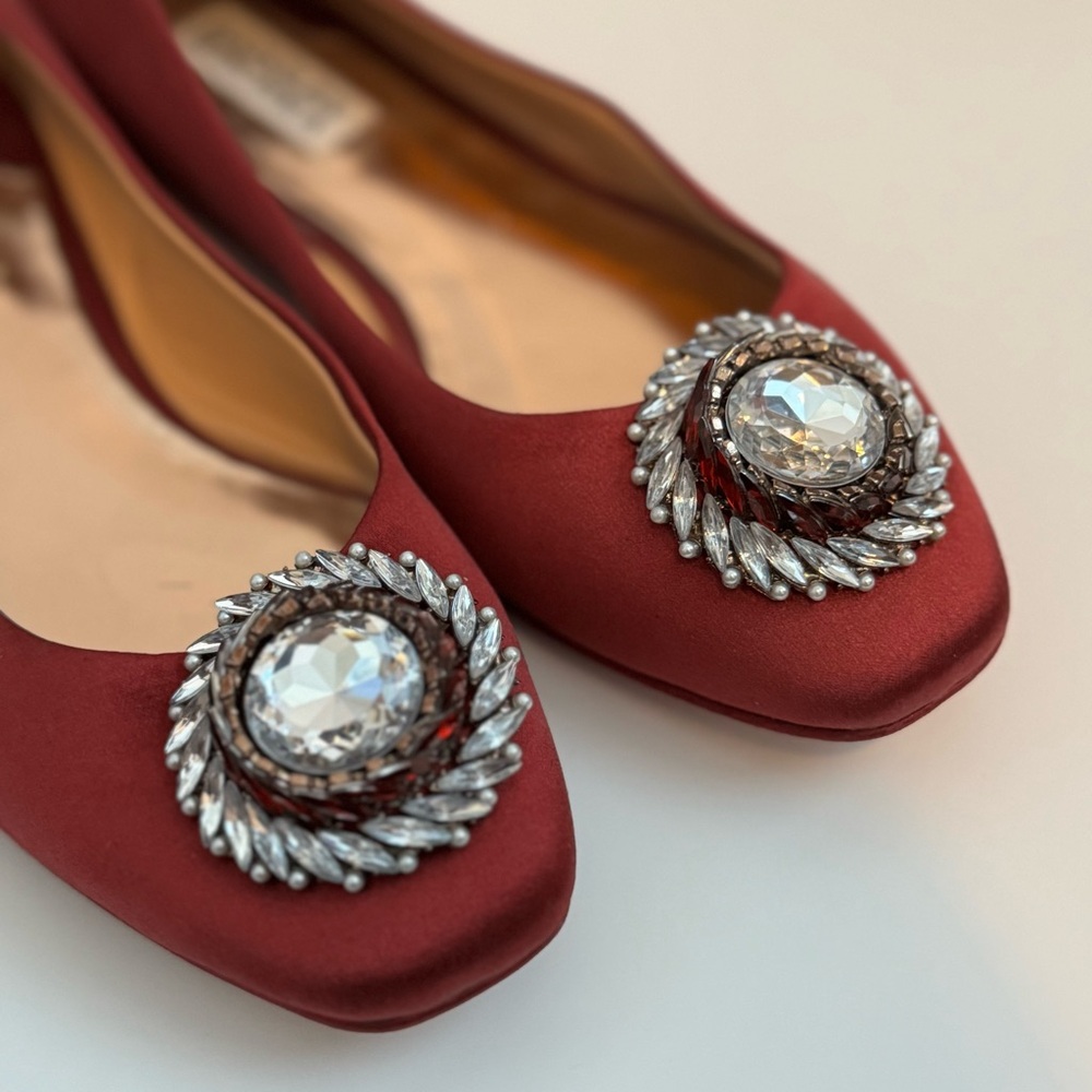Badgley Mischka Elegant Burgundy Satin Flats with Crystal Embellishments